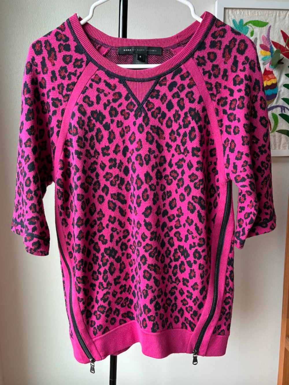 Marc by Marc Jacobs Pink Cheetah Print Zipper Hem Sweater - Size S - Y2K Style